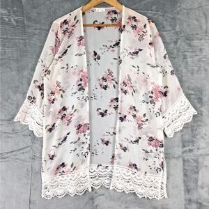 Womens Kimono Medium Romantic Floral Sheer Crochet Boho Soft Girl Feminine Gauzy